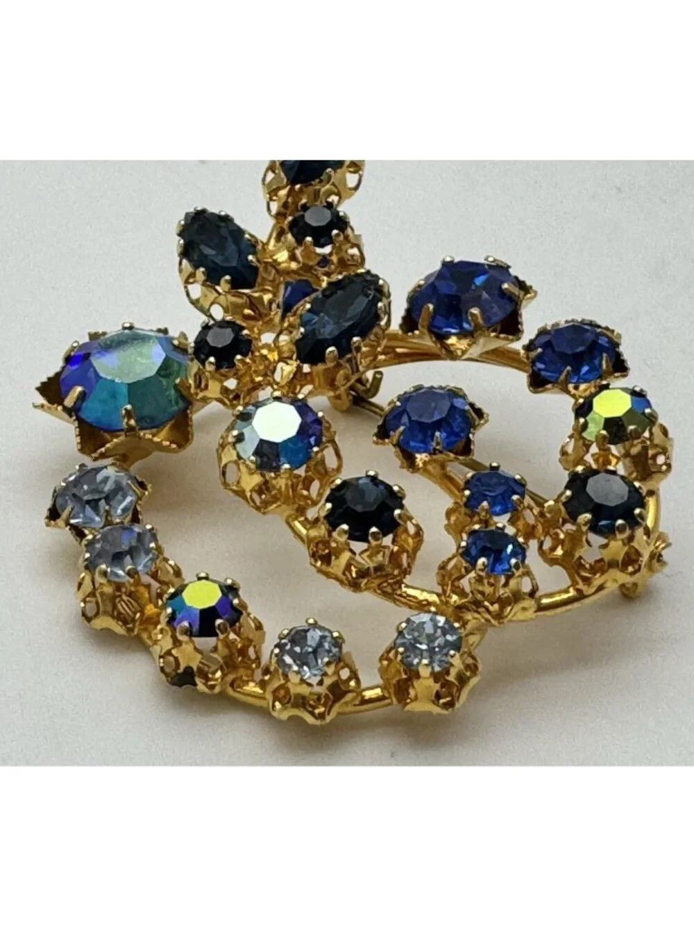 Vintage AUSTRIAN Brooch, Blue Crystal AB Rhinestone Prong Set, Lots of Sparkle!